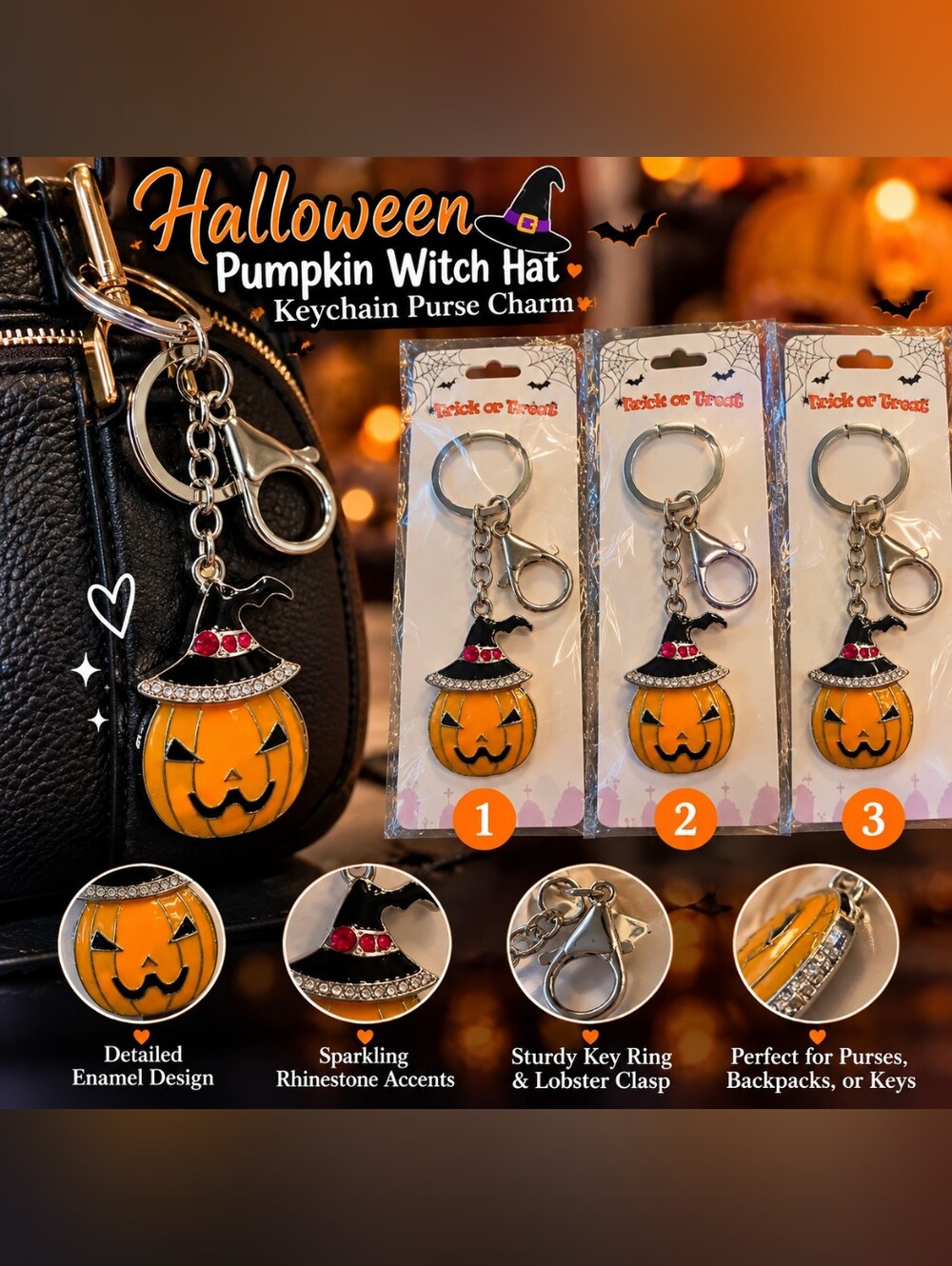 Halloween Pumpkin Witch Hat Keychain Purse Charm Orange & Black NWT